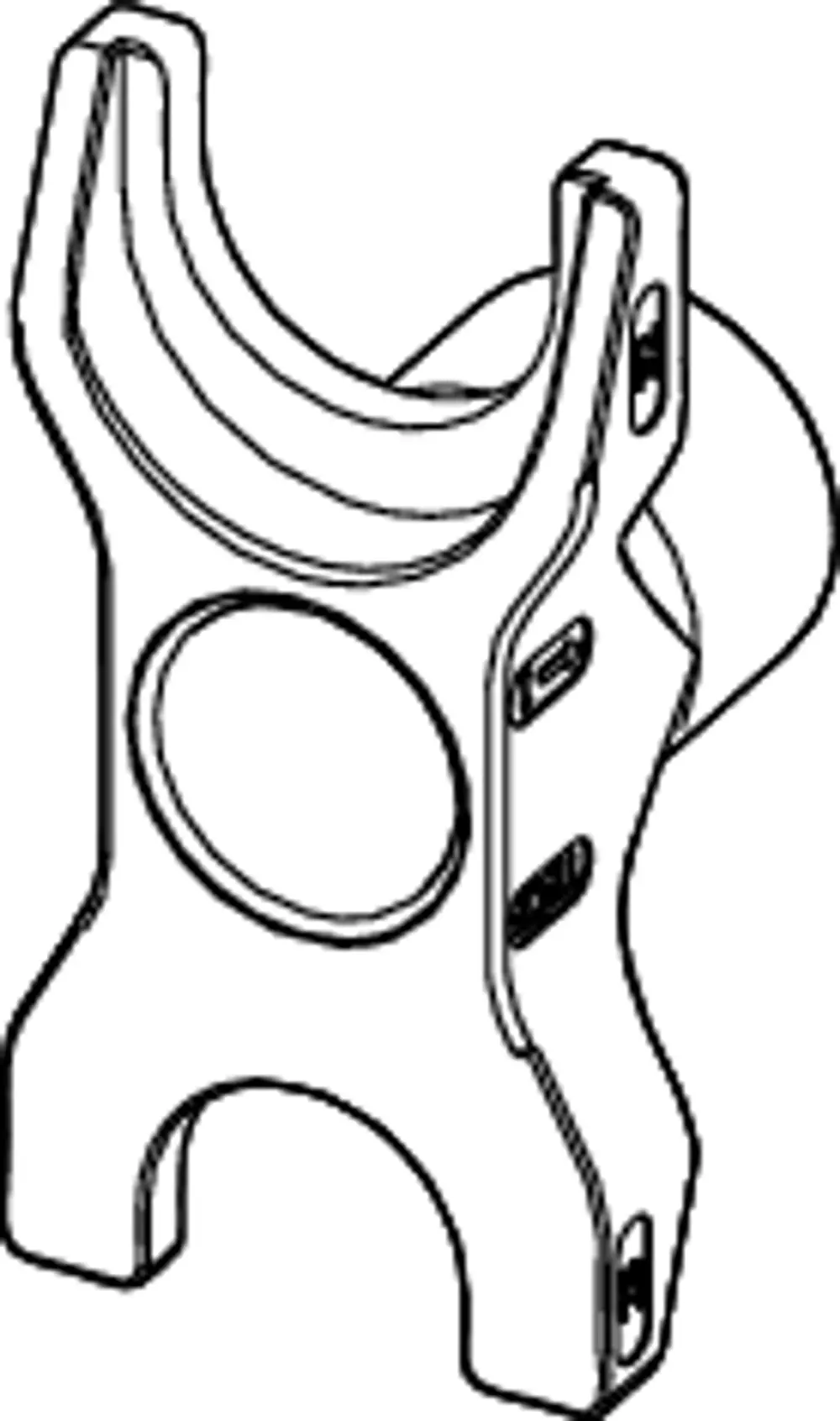 TECEflex Pressgabel in einem schwarzen, metallischen Design, zur Montage an Rohrleitungen, mit zwei offenen Halterungen und mehreren Befestigungsöffnungen.